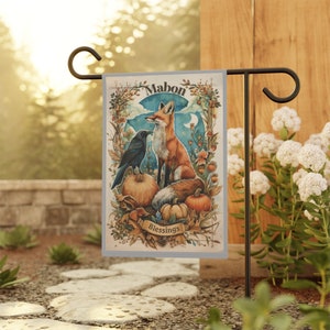 Mabon Blessings House and Garden Banner/Flag Fall Equinox Fox - Crow - Pumpkins - Moon Phase Blessed Autumn Autumnal Seasonal Gift Idea