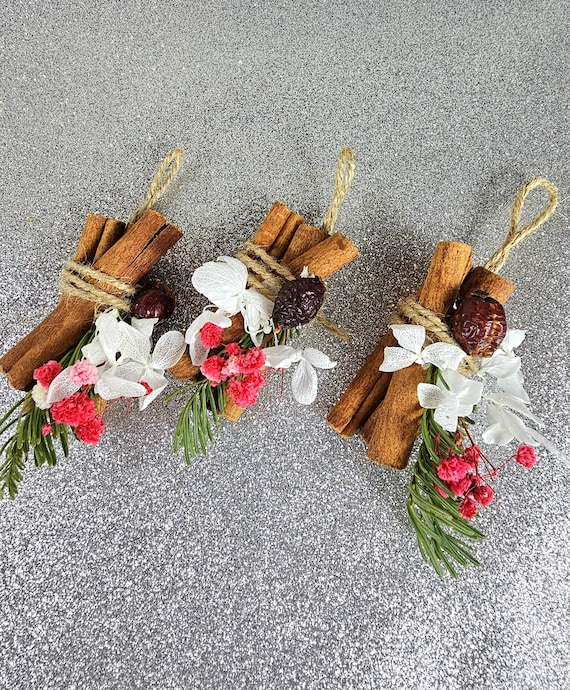 Yule Cinnamon Stick Ornament – Dried Flowers, Rose Hip & Pine – Pagan Altar or Witchy Tree Decor - Enviromentally Friendly, Biodegradable