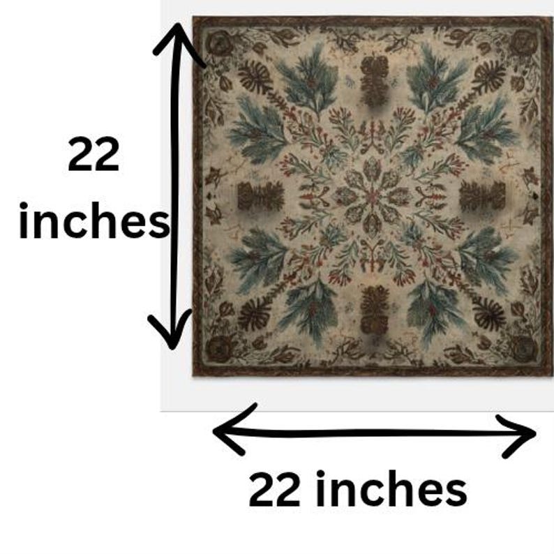 May include: A square textile featuring a symmetrical botanical pattern of green pine branches, brown pinecones, and red berries on a cream background. The fabric measures 22 inches by 22 inches, with a dark brown border framing the intricate design.