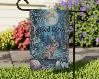 Bannière maison et jardin avec lapin et lune Ostara