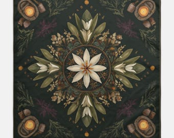 Mantel/estandarte de pared para altar de Imbolc, 56 x 56 cm. Decoración para brujas. Ideas de regalo para wiccanos. Negro con flor blanca. Artículos para wiccanos.