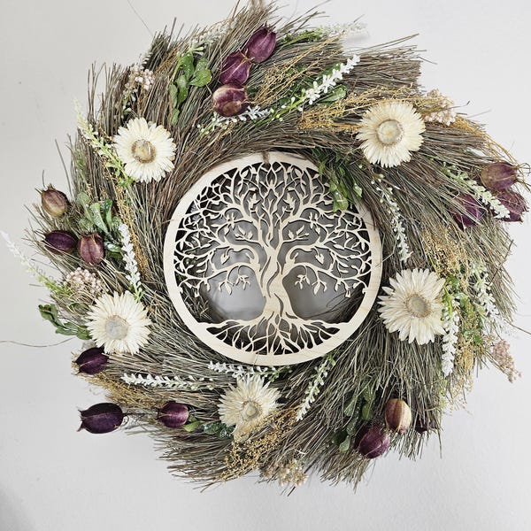 Dried Flower Wreath with Tree of Life - Great Gift Idea for Witchy People or Treat Yourself - Home Wall Decor and Altar Decor