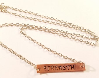 Necklace, Strength Necklace, Hand Stamped Metal Necklace, Stamped Necklace Strength, Metal Charm Necklace, Stamped Strength Necklace, Strong