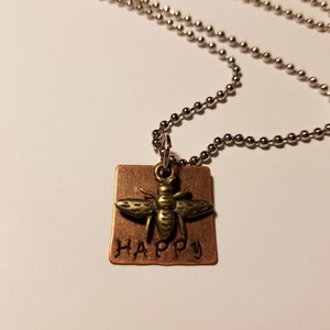 Necklace, Happy Necklace, Hand Stamped Metal Necklace, Stamped Necklace  Be Happy, Metal Charm Necklace, Bee Happy Necklace, Bee Charm, Bee