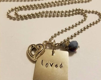 Necklace, Loved Necklace, Heart Necklace, Hand Stamped Metal Necklace, Stamped Necklace Loved, Metal Square Necklace, Loved Charm Necklace