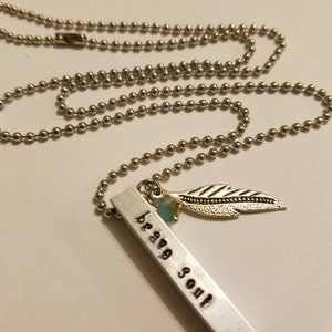 Necklace, Brave Soul Necklace, Feather Necklace, Brave Soul Feather Charm Necklace w/Blue Bead, Hand Stamped Metal Necklace, Stamped Charm