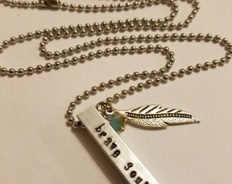 Necklace, Brave Soul Necklace, Feather Necklace, Brave Soul Feather Charm Necklace w/Blue Bead, Hand Stamped Metal Necklace, Stamped Charm