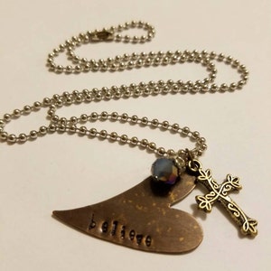 Necklace, Believe Necklace, Hand Stamped Metal Necklace, Stamped Necklace Believe, Metal Charm Necklace, Believe Stamped ,Cross Necklace