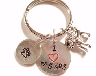 Keychain, Stamped I Love My Dog Keychain, Hand Stamped Metal Keychain, Dog Lover Keychain, Paw Print Keyring, Dog Keychain, Dog Paw Print