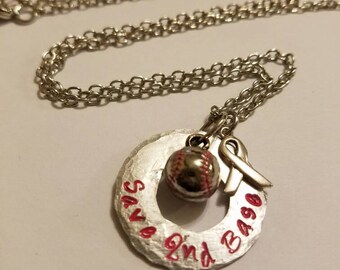 Necklace, Save 2nd Base Necklace, Breast Cancer Hand Stamped Metal Necklace, Metal Washer Necklace, Stamped Breast Cancer Awareness Necklace