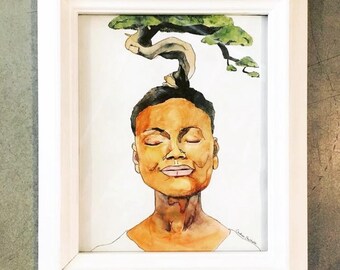 Meditation Tree - Meditation Art Print watercolor portrait bonsai tree - signed limited edition