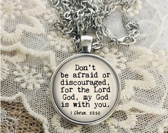 Don't be Afraid Necklace, Bible Pendant, 1 Chronicles 28:20, Christian Jewelry Gift