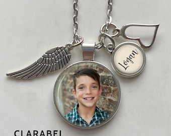 Loss of Son / Daughter Photo Pendant, Custom Name Charm, Personalized Sympathy Gift, Heart and Angel Wing Charm