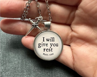I Will Give You Rest Necklace with a Nail Cross Charm: Bible Verse Pendant with Matthew 11 28 Pendant, Optional Free Personalization