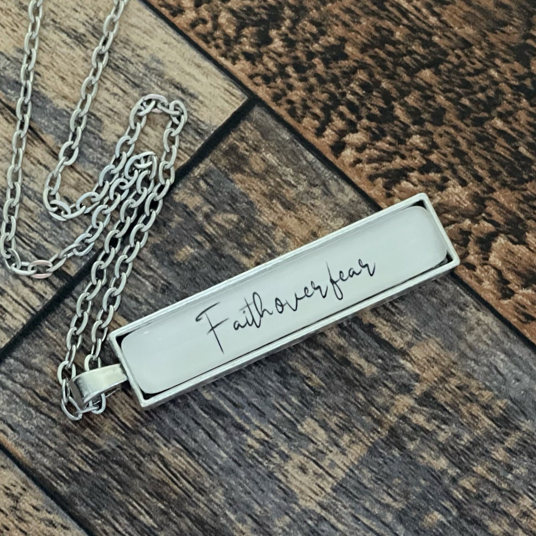 Faith Over Fear Pendant Necklace, Vertical Bar Necklace, Inspirational