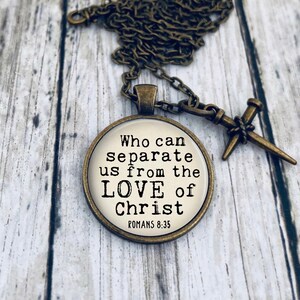 Who Can Separate Us Necklace with Cross Charm: Bible Verse Pendant, Romans 8 35, Optional Free Personalization