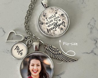 Personalized Memorial Photo Necklace: Two-Sided Grief Gift with Name Charm, Heart, Angel Wing
