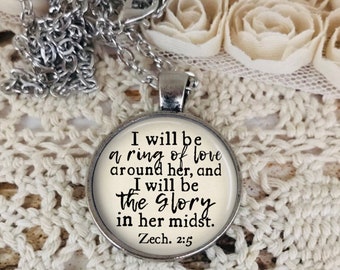 Bible Verse Necklace, Ring of Fire Around Her, Scripture Pendant, Christian Woman, Encourage, Zechariah2:5, Personalized Gift