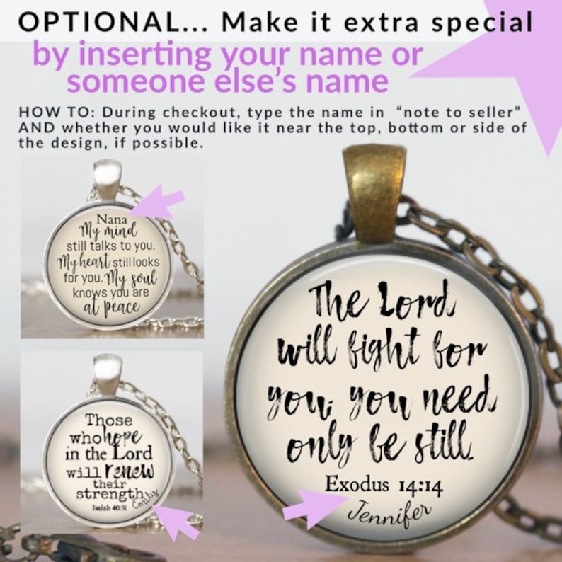 Puede incluir: Dos collares de plata con colgantes de vidrio. El primer colgante tiene el texto "Nana My mind still talks to you. My heart still looks for you. My soul knows you are at peace". El segundo colgante tiene el texto "The Lord will fight for you, you need only be still Exodus 14:14 Jennifer".