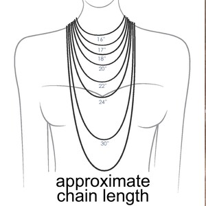 May include: A line drawing of a person wearing a necklace with different lengths marked in inches, from 16 inches to 30 inches. The text "approximate chain length" is below the drawing.
