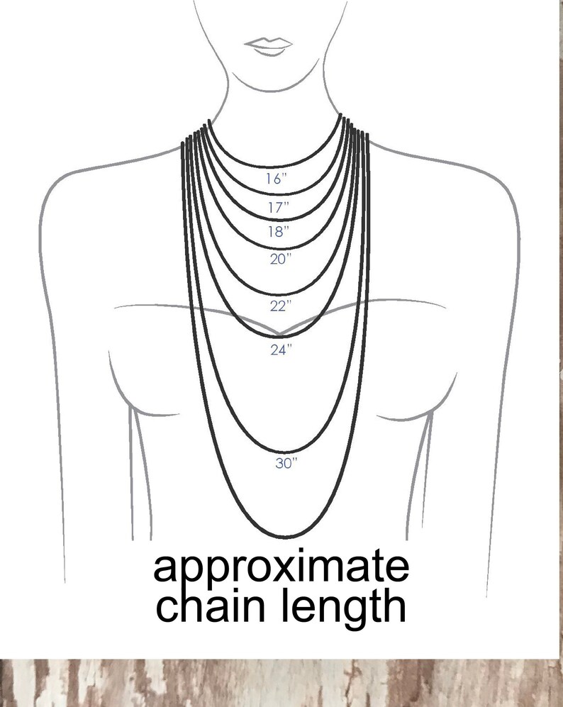 May include: A line drawing of a person wearing a necklace with different lengths marked in inches, from 16 inches to 30 inches. The text "approximate chain length" is below the drawing.
