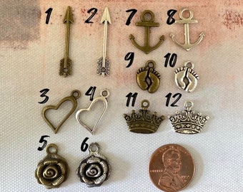 Charms, Charms for Necklace, Heart Charm, Arrow Charm, Flower Charm, Rose Charm, Baby Feet Charm, Crown Charm