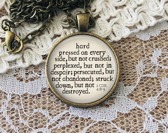 Struck Down but Not Destroyed Necklace: Bible Verse Pendant with 2 Corinthians 4 8-9, Hard Pressed Scripture, Optional Free Personalization