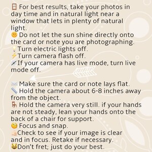 May include: A white and beige illustrated guide with a camera icon and text that reads "How to take Your Handwriting Photo". The guide provides instructions on how to take a good photo of handwriting, including tips on lighting, camera settings, and positioning.