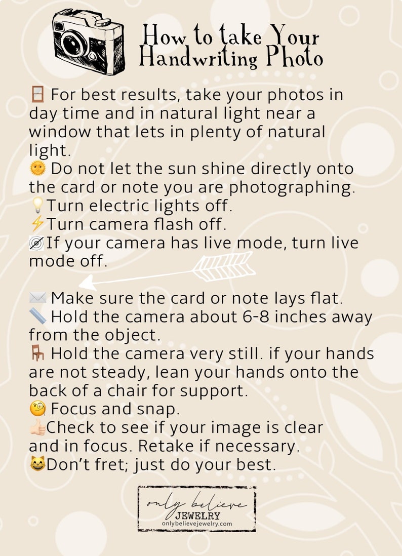 May include: A white and beige illustrated guide with a camera icon and text that reads "How to take Your Handwriting Photo". The guide provides instructions on how to take a good photo of handwriting, including tips on lighting, camera settings, and positioning.