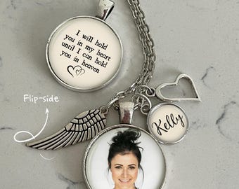 Personalized Memorial Photo Necklace: Name Charm, Loss of Loved One Gift, I Will Hold You In My Heart, Angel Wing, Heart