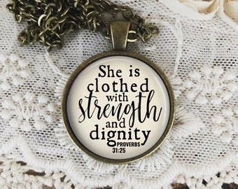 Proverbs 31 Woman Necklace, She Is Clothed With Strength and Dignity, Bible Verse Necklace, Inspirarional Jewelry, Personalized, Christian