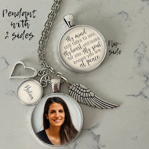 Personalized Photo Necklace with Charms and Tiny Pendant for Name; Gift for Grieving Parents or Loved One; My Mind Still Talks to You Poem