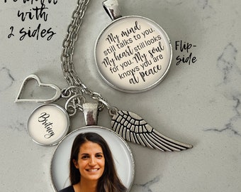 Personalized Memorial Photo Necklace: Loss of Loved One Gift; Name Charm, Angel Wing, Heart