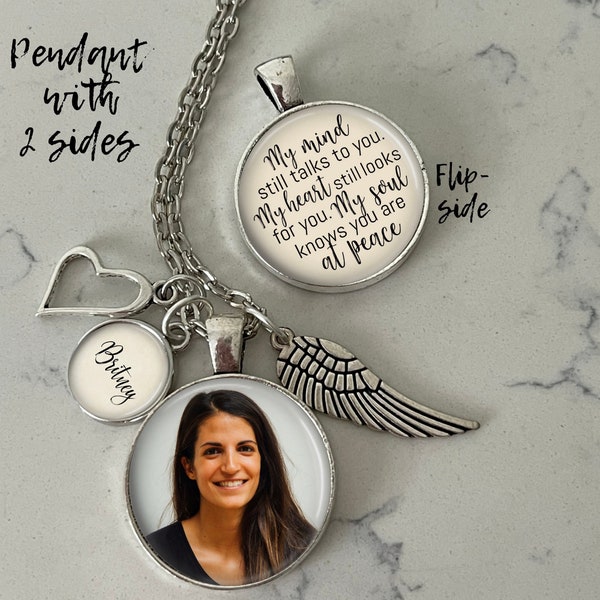 Custom Memorial Necklace, Photo Pendant, Loss of Loved One, Son, Mom, Dad, Daughter, My Mind Still Talks, Bereavement Gift, Sympathy Words