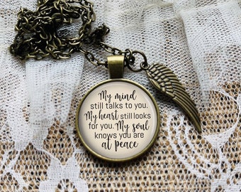 Memorial Necklace: Angel Wing Charm, Sympathy Gift, Personalized Option, My Mind Still Talks Poem
