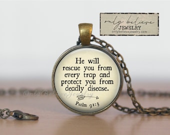 Bible Verse Necklace, He Will Rescue You, Protect you from deadly disease, Christian Jewelry, Psalm 91:3 Necklace, Encouragement