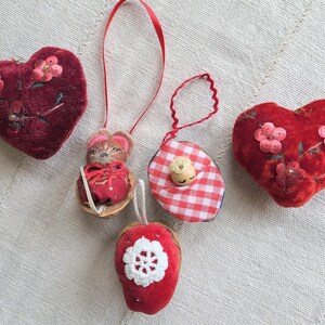 3 Walnut Shell Ornaments and 2 Velvet Hearts