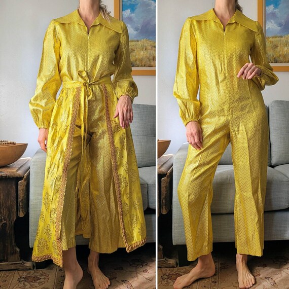 70's Jumpsuit and Skirt Set Metallic Gold