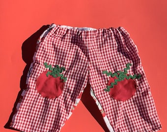 May include: Red and white gingham trousers featuring two red circular fabric patches on the knees, each topped with green embroidered vine details. The trousers have an elastic waistband and a white interior lining visible at the top edge.