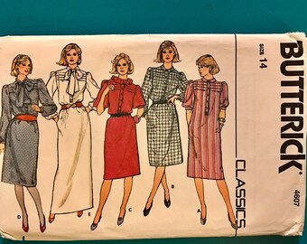 Butterick 4607 Misses Frock Dress 14 Bust 36 Vintage Sewing Pattern Uncut FF 1980s Tucked Dress