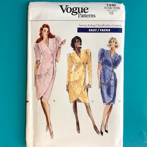 Vogue 7440 Vintage 1980s Tulip Dress Couture Shoulder Pads Size 12 Uncut Sewing Pattern