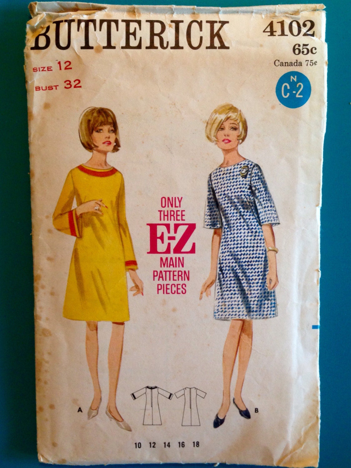 Butterick 4647 Vintage 60s Dress A-LIne Mod Flare Pattern Size 12 Bust 32 Sewing Pattern Complete