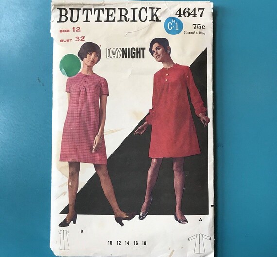 Butterick 4647 Vintage 60s Dress A-LIne Mod Flare Pattern Size 12 Bust 32 Sewing Pattern Complete