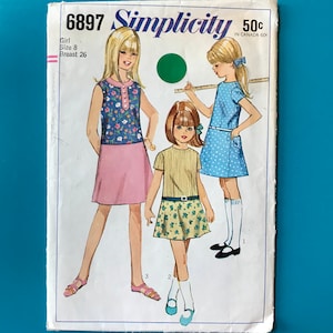 Simplicity 6897 Vintage Girls Dress A-line GoGo Dress Size 8 Low Waist 60s Mod Sewing Pattern Complete