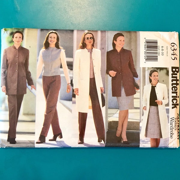 Butterick 6345 Straight Jacket Lined Vest Straight Skirt Trouser Pants Sizes 6 8 10  Nehru Long Jacket Fast and Easy Sewing Pattern Uncut