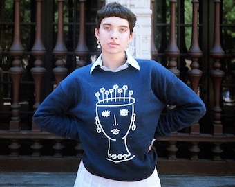 Flower Pot Head Unisex Navy Sweatshirt | Abstract Design Fleece Pullover