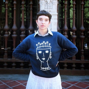Flower Pot Head Unisex Navy Sweatshirt | Abstract Design Fleece Pullover
