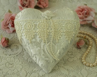 Vintage Fabric Heart Decoration: White Lace 13th Anniversary & Wedding Gift