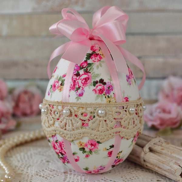 Pink egg, pink Easter gift for her, pink floral Easter decor, pink Easter egg decor, egg ornament gift, shabby Easter gift, hanging egg