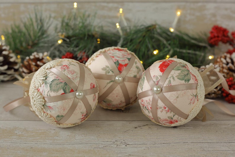 Pink Christmas Ornaments Handmade, Xmas Tree Decoration, Shabby Christmas Gift, Chic Ornaments, Xmas Tree Baubles, Pink Christmas Bauble Set image 10